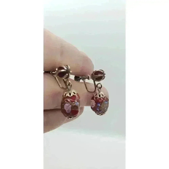 Vintage Earrings Garnet Red Wedding Cake Venetian Art Glass Bead Dangle 10k GP - Picture 9 of 10